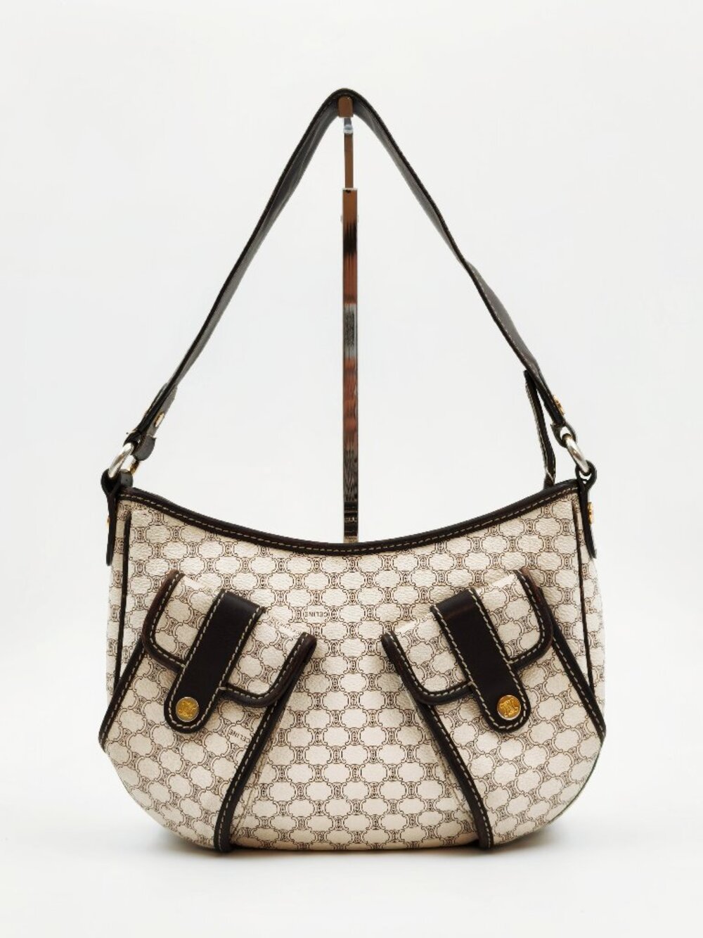 Celine Vintage Macadam Shoulder Bag Brown Leather Trim Monogram Hobo Purse